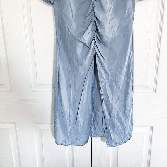 Zara Woman Ruched Powder Blue Satin Effect Split Front Blouse - Picture 5 of 6